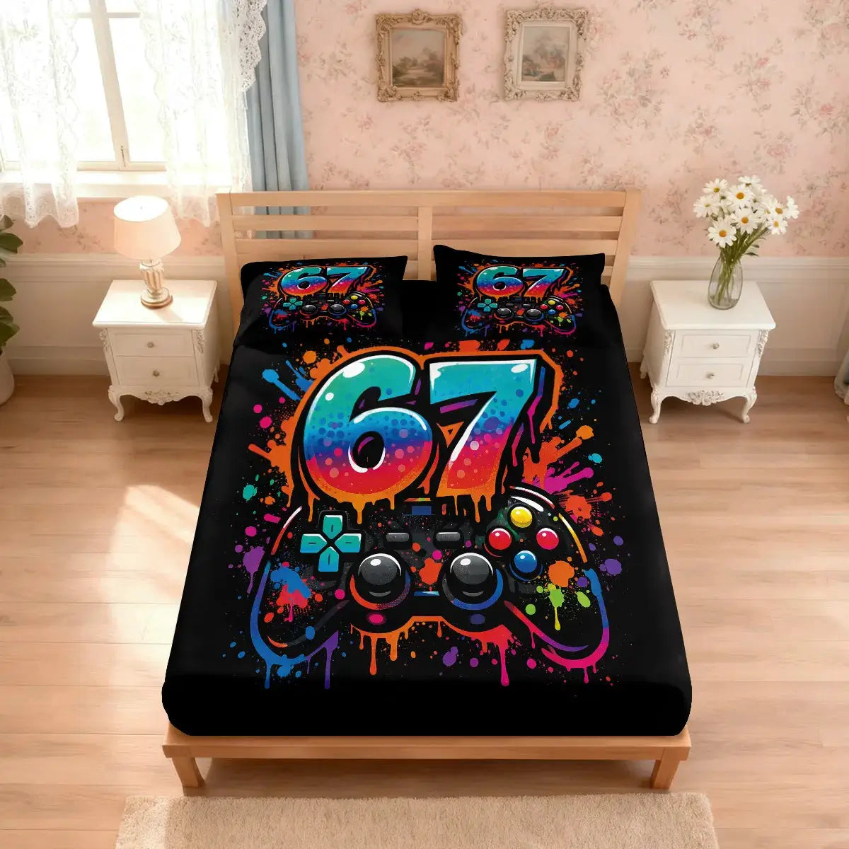 3pcs 67 Game Controller Graffiti Style Print Coreless Bed Sheet Set Multi Size Bed Cover Bedding Decoration Machine Washable from PriceLows™