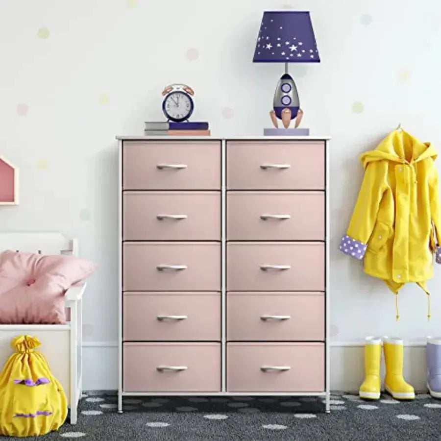 Dresser with 10 Drawers - Pink Storage Unit Organizer Chest for Clothes - Bedroom Nursery Closet 34 x 12 x 47 inches from PriceLows™