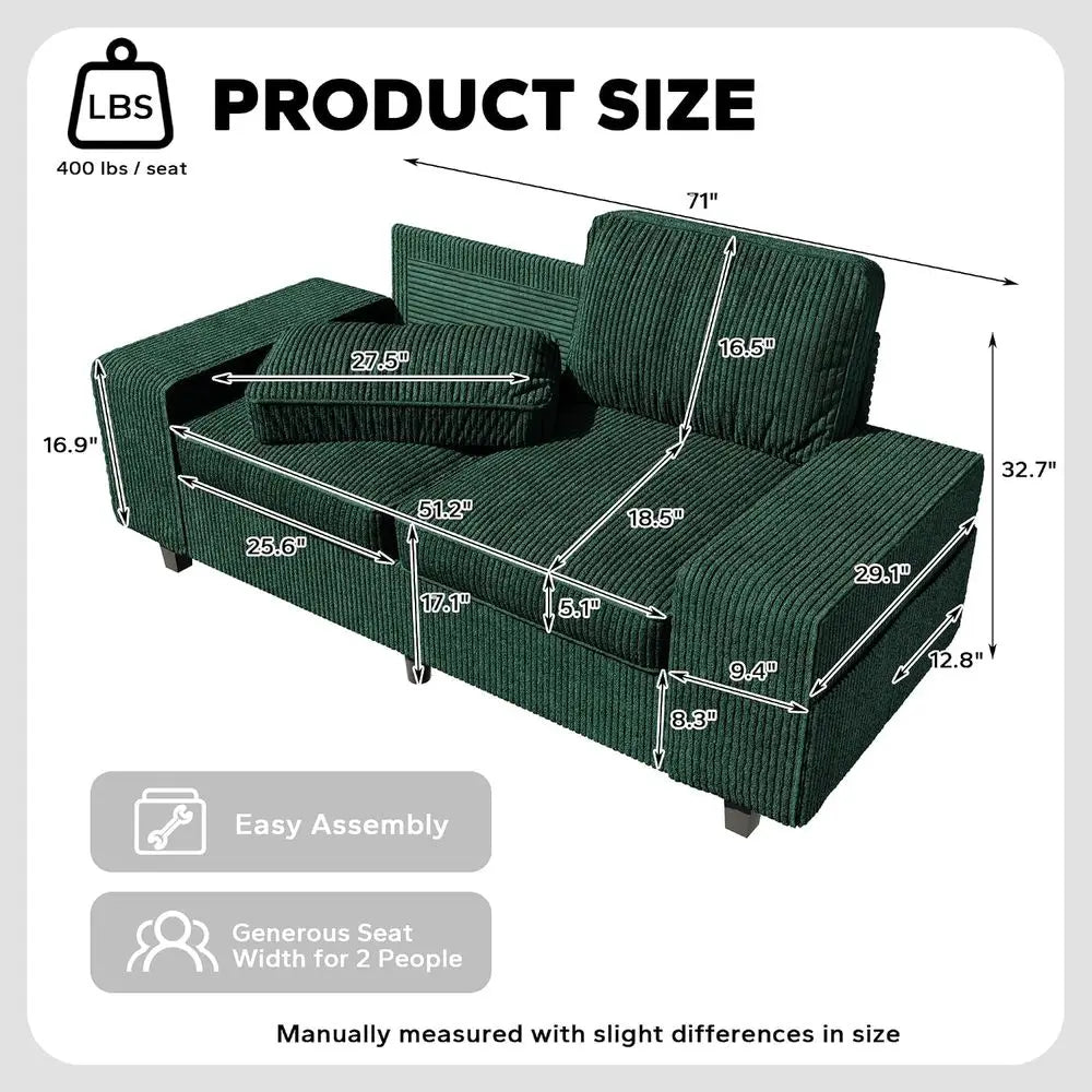 Retro Corduroy Loveseat | Corduroy Fabric | 4 Side Pockets | Green