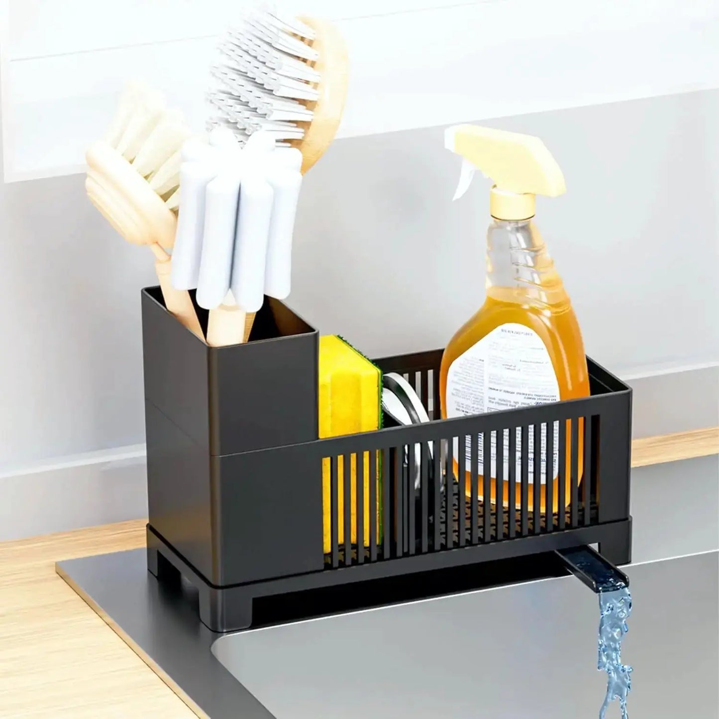 Multifunctional Kitchen Sink Organizer Caddy - Sponge Holder, Scrub Brush Rack, Soap Dispenser, Black Plastic, Rustproof for Countertop from PriceLows™