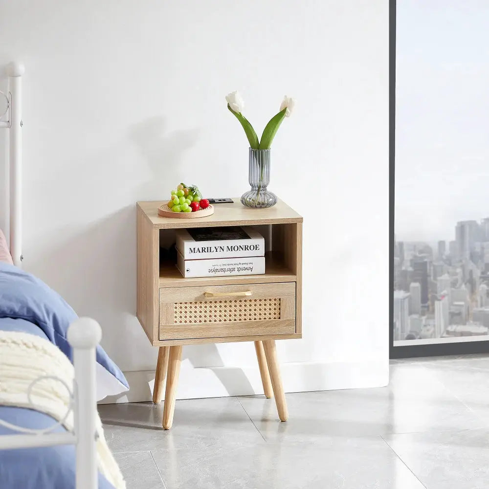 15.75" Rattan End table with Power Outlet & USB Ports , Modern nightstand with drawer and solid wood legs, side table for livin from PriceLows™