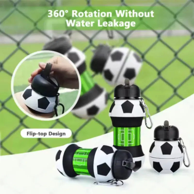 Silicone Collapsible Ball Water Bottle with Climbing Buckle, Drop and Leak Proof Outdoor Sports Mug, Black & White Soccer Style from PriceLows™