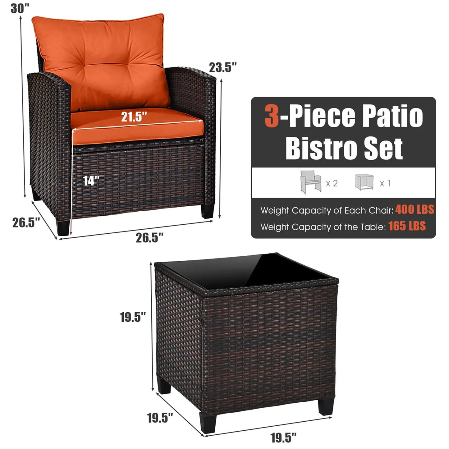 3 PCS Patio Rattan Furniture Set Cushioned Conversation Set Sofa Orange from PriceLows™