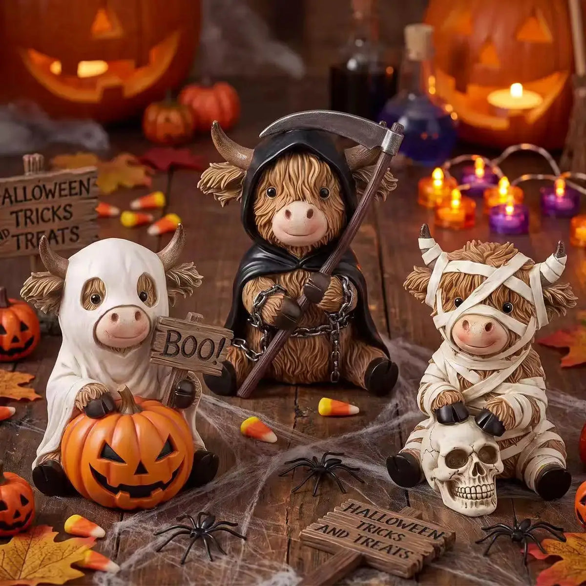 Halloween Wood Cow Statues | 3 Piece Set | Shelf Decor