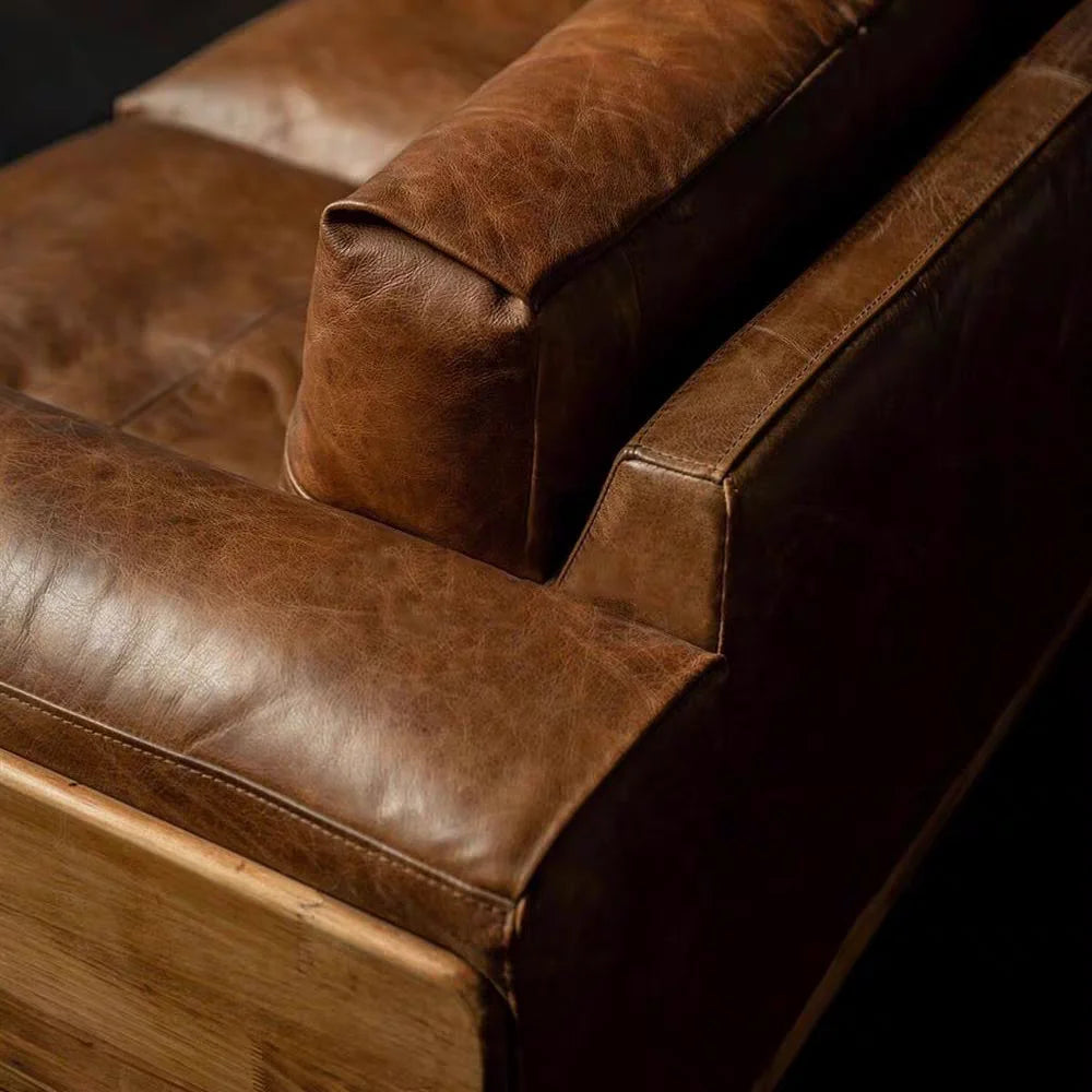 Leather Sofa | Oil-Waxed Genuine Leather | Solid Wood Frame | Modular Villa Sofa