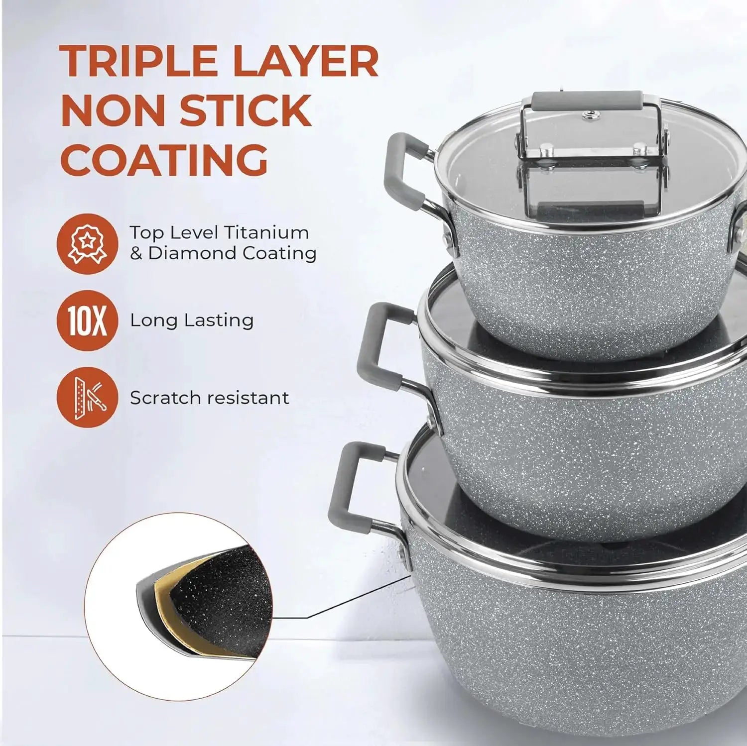 Nonstick Pots and Pans Set, 6 Piece Stackable Cookware with Lids, Stay Cool Handles Dishwasher Safe from PriceLows™