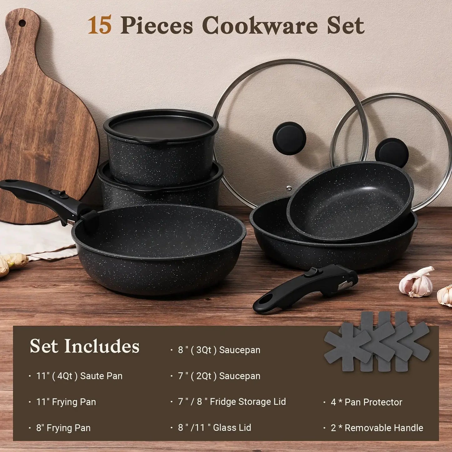 15 Pots And Pans Set Set, Non-Stick Kitchen Cooking Set with Removable Handles, Crock Pot, Cooking Pot, Steamer, Pan Oven Safe Non-Stick Cookware Set, Sautéing And Cooking, Home Essentials, Kitchen Gadgets, Potluck Party from PriceLows™