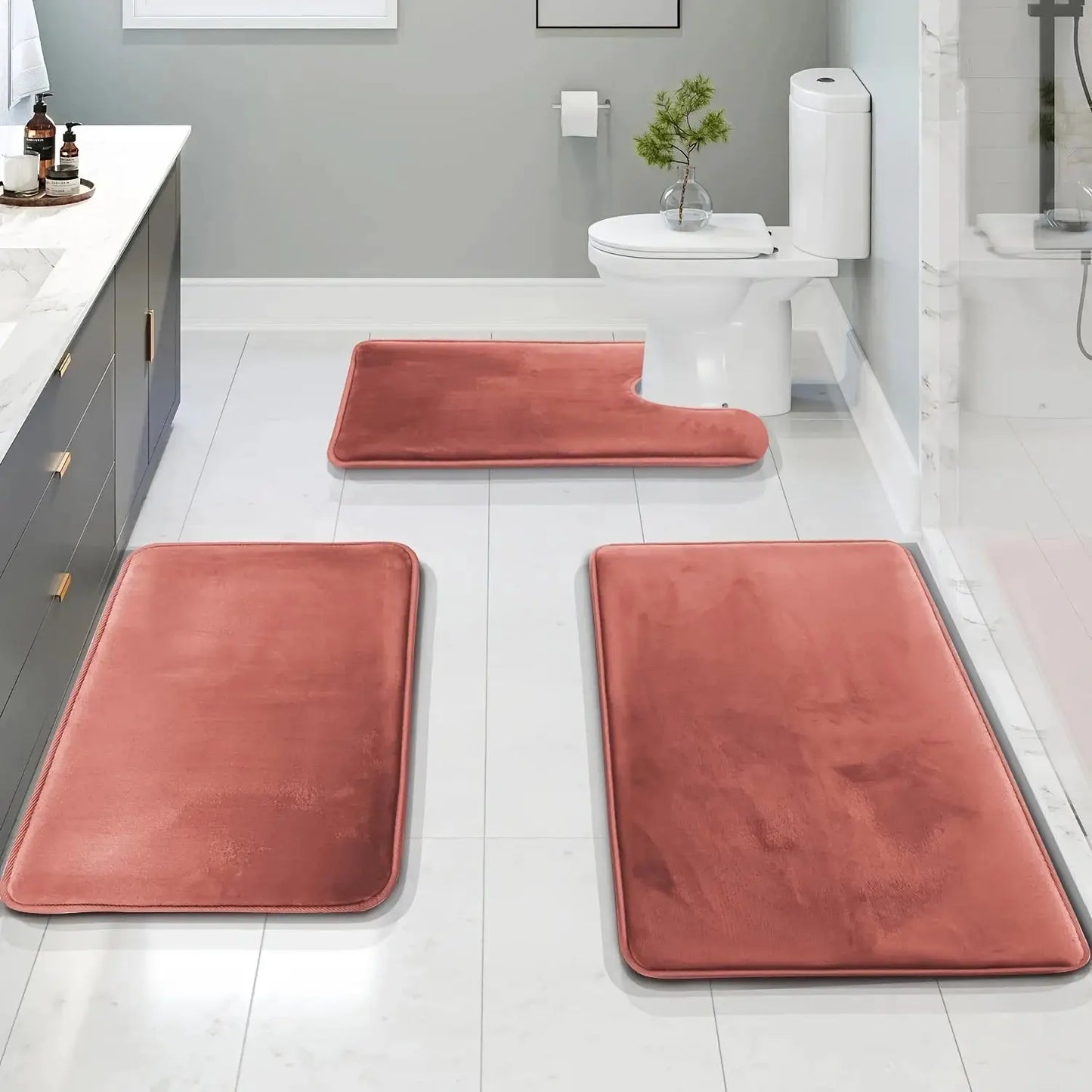 Set of 3 Durable Memory Foam Bath Mats with Non-Slip Features, Including a U-Shaped Mat And a Toilet from PriceLows™