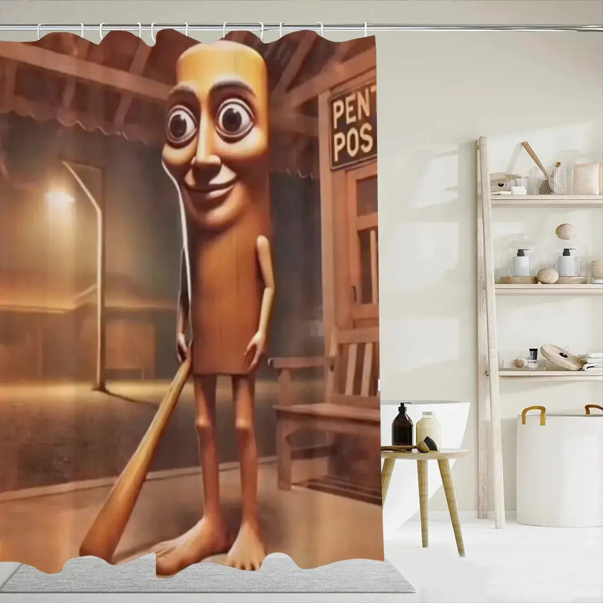 Tung Tung Tung Sahur Shower Curtain, Funny Wooden Stick Man, Meme Character Decor, Novelty Bathroom Art from PriceLows™