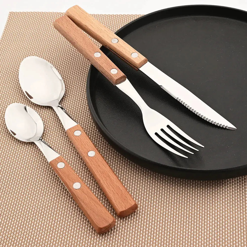 Knife Fork Teaspoon with Wooden Handle 304 Stainless Steel Cutlery Set 6/24Pcs Tableware Mirror Dinnerware Home Flatware Kitchen from PriceLows™