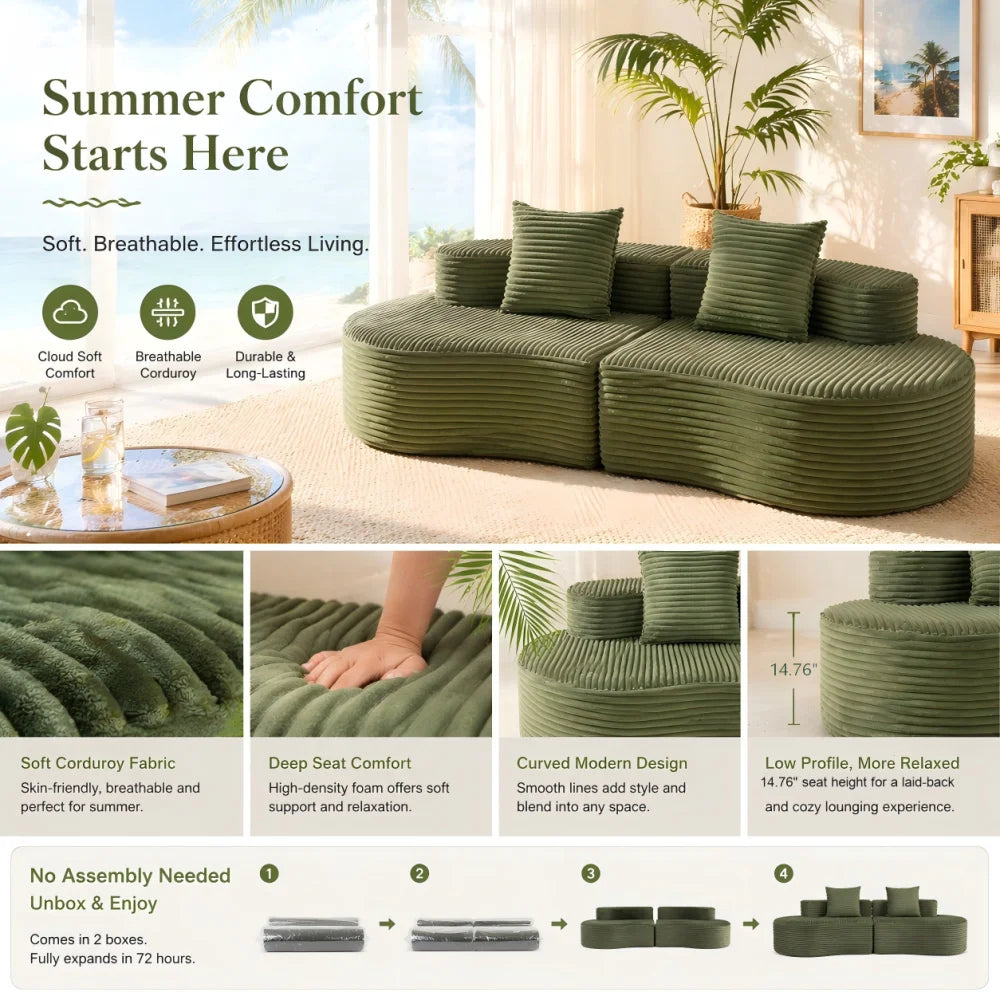 Sofa | Corduroy Upholstery | Includes 2 Lumbar Pillows | Green