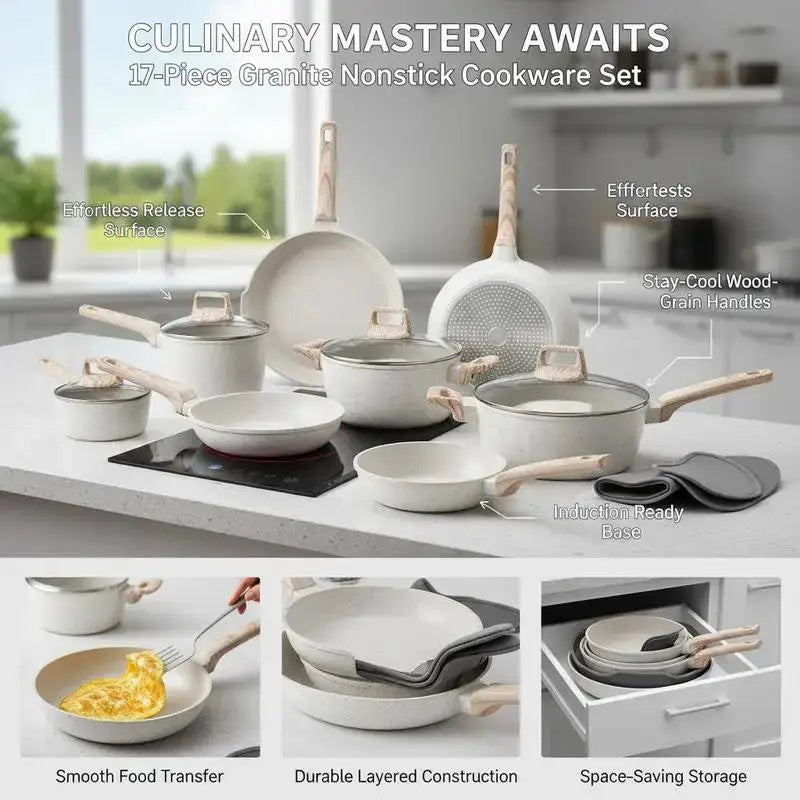 17 Piece Pots and Pans Set, Granite Nonstick Cookware Set, Induction Cookwares, Kitchen RV Cooking Sets with Frying, Sauce, Saute, Tempered Glass Lids, and Pan Protectors, White from PriceLows™