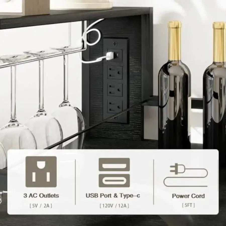 Wine Bar Cabinet with Mini Fridge Space and Pull-Out Drawer for Dorm Living Room Kitchen, Black Metal Wood, LED Light, Whiskey from PriceLows™