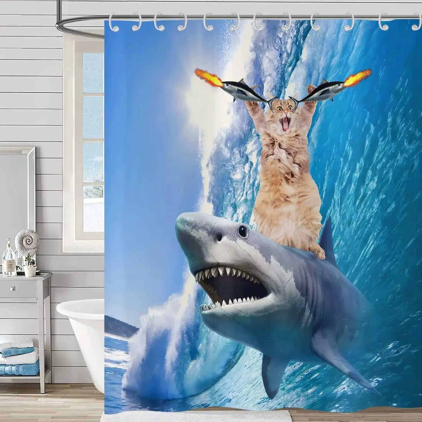 Cute Cat Blue Children Shower Curtain Waterproof Washable Polyester Material Bathroom Decorative Curtain with Hook from PriceLows™