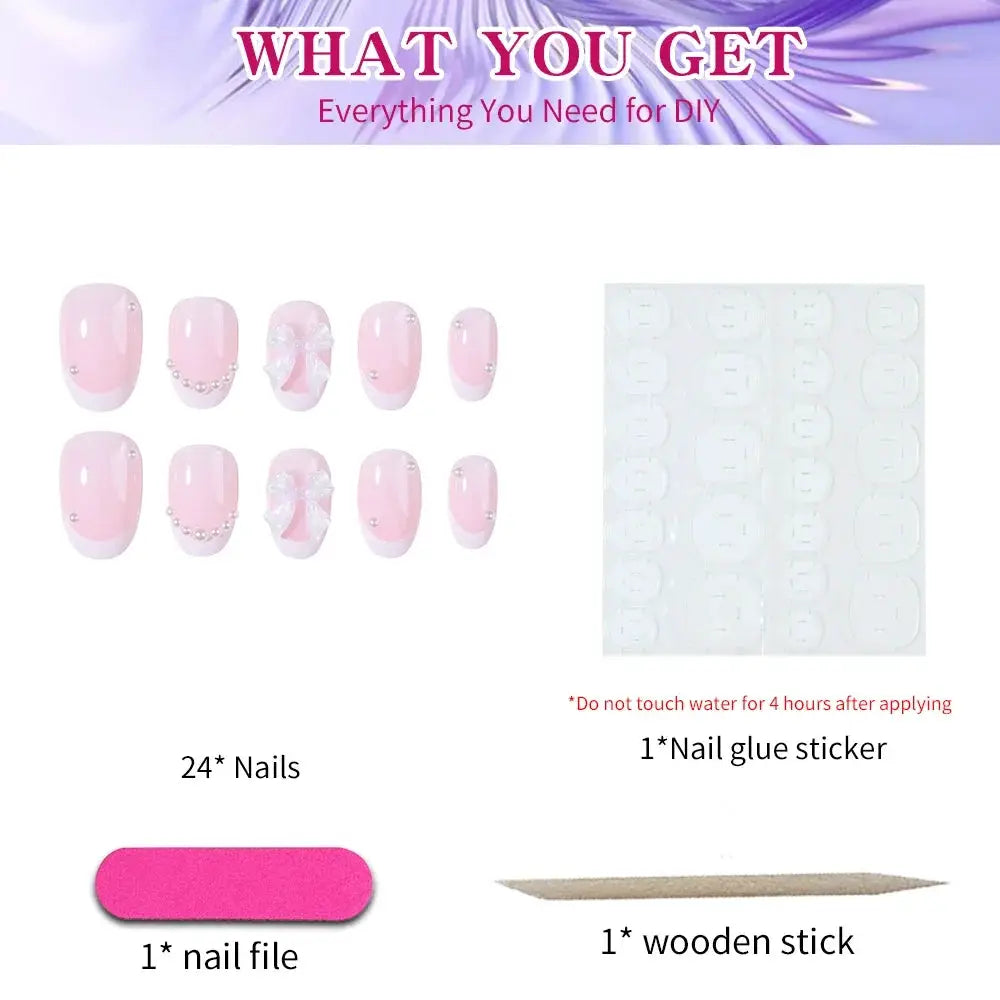 Press On Nails | Short Oval French Tip | 24 Pcs Self Adhesive | Pearl Bow