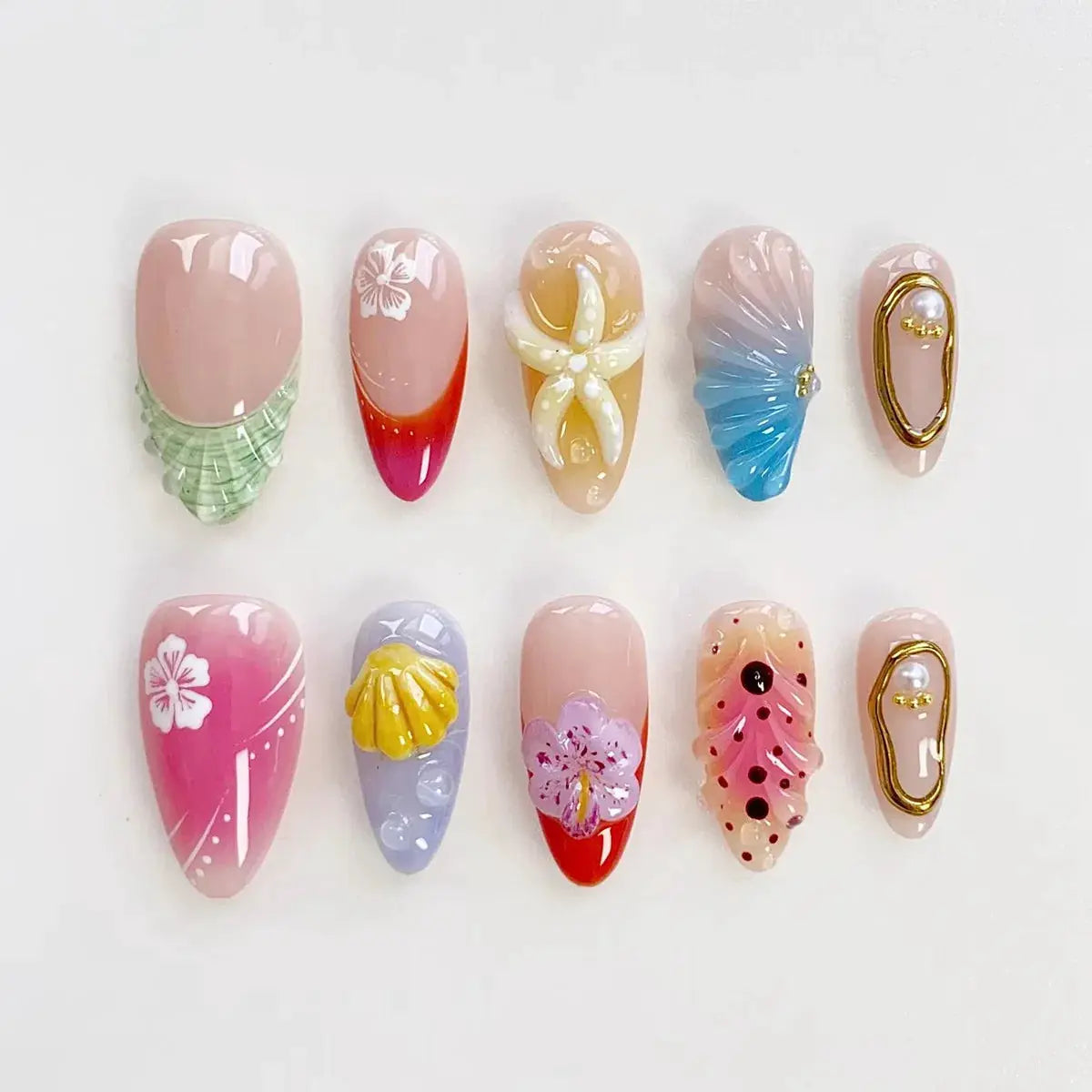 Almond Press On Nails | Acrylic Finish | Pearl Flower Design | 24 Piece Set