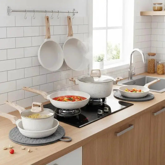 17 Piece Pots and Pans Set, Granite Nonstick Cookware Set, Induction Cookwares, Kitchen RV Cooking Sets with Frying, Sauce, Saute, Tempered Glass Lids, and Pan Protectors, White from PriceLows™