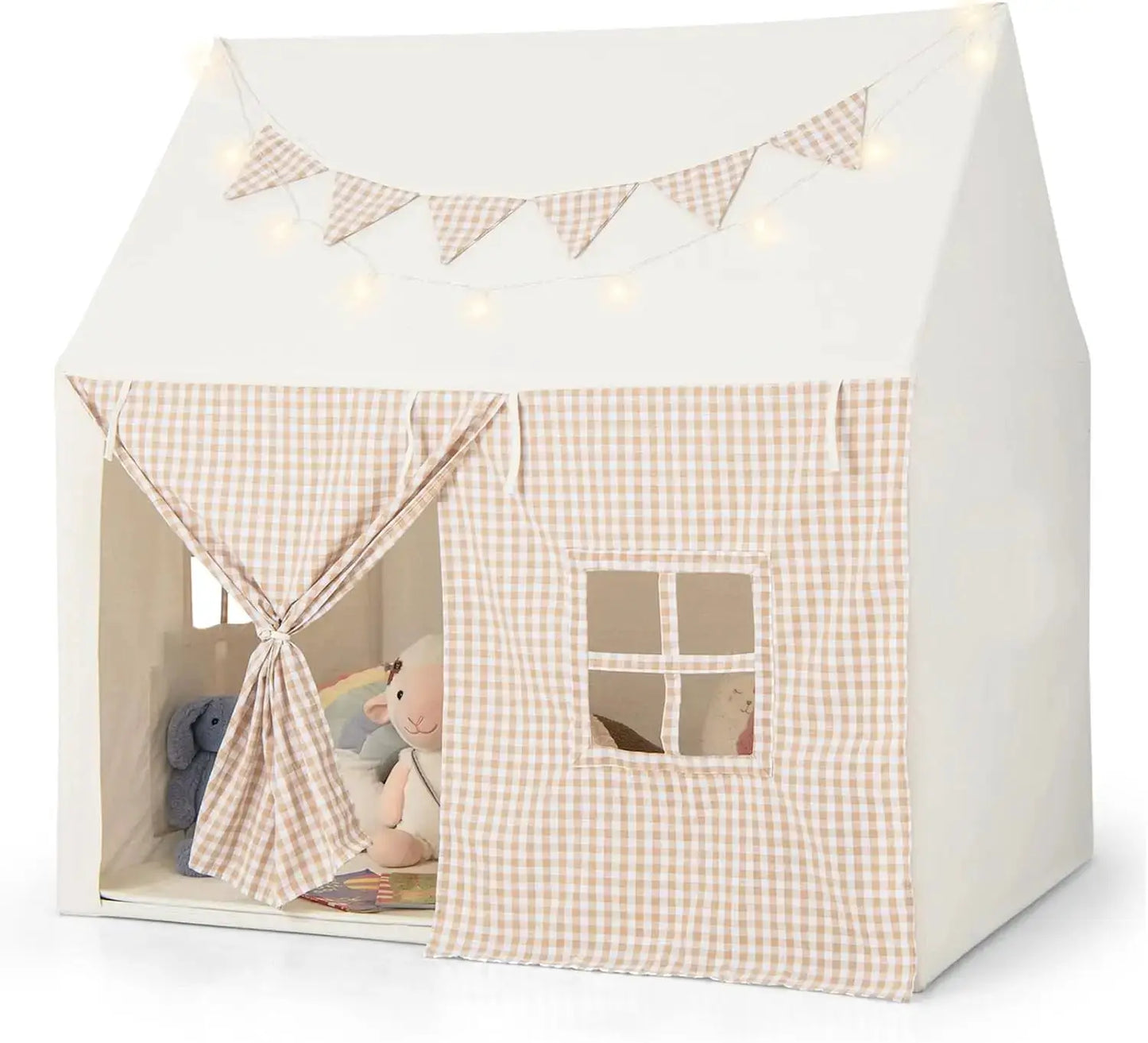 Kids Play Tent w/Padded Mat, Star Lights, Flags, Windows & Storage Pocket, Indoor Outdoor Playhouse for Toddlers, 49" x 39.5" x from PriceLows™