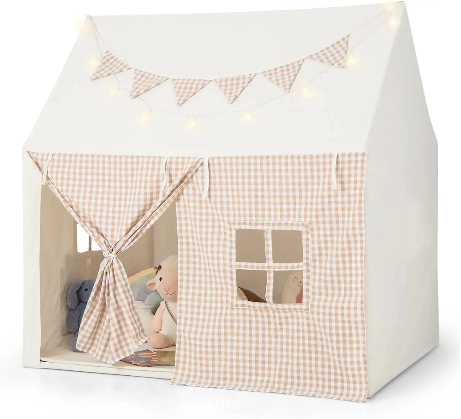Kids Play Tent w/Padded Mat, Star Lights, Flags, Windows & Storage Pocket, Indoor Outdoor Playhouse for Toddlers, 49" x 39.5" x from PriceLows™