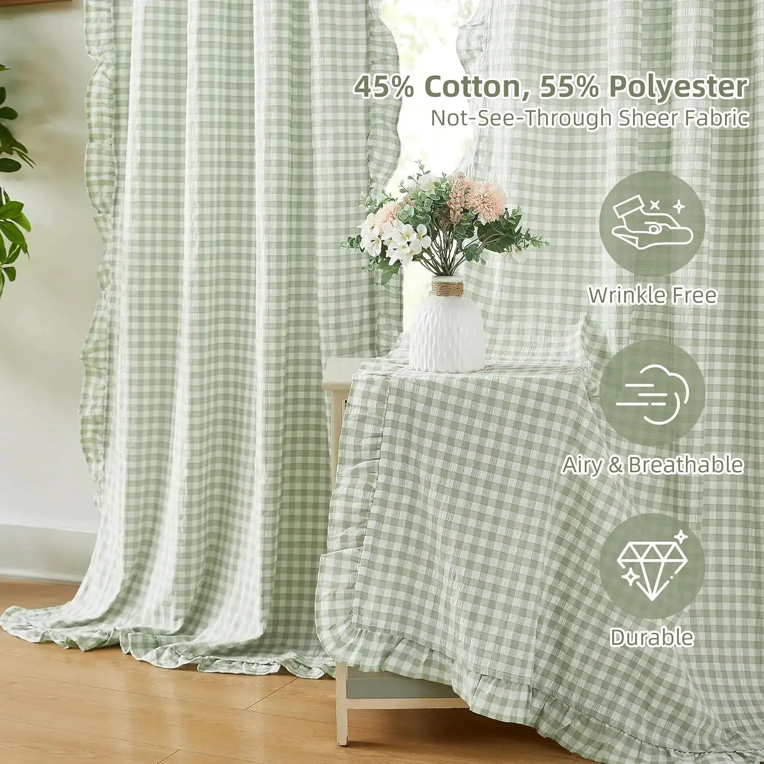 Sage Green Buffalo Plaid Curtain Panels for Kidsroom, Not-See-Through Sheer Ruffle Drapes, Shabby Chic Window Treatment for from PriceLows™