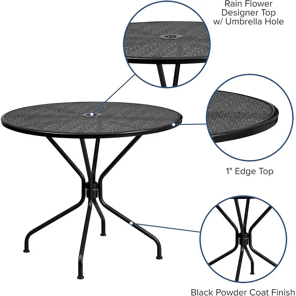 35.25 Round Black Steel Patio Table with Umbrella Hole for Indoor & Outdoor Use from PriceLows™