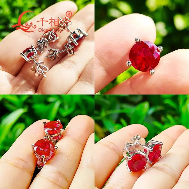 Lab Created Ruby Ear Stud 5-9mm Pigeon Blood with inclusions Red round Shape Single Stone S925 Silver earrings Jewelry from PriceLows™