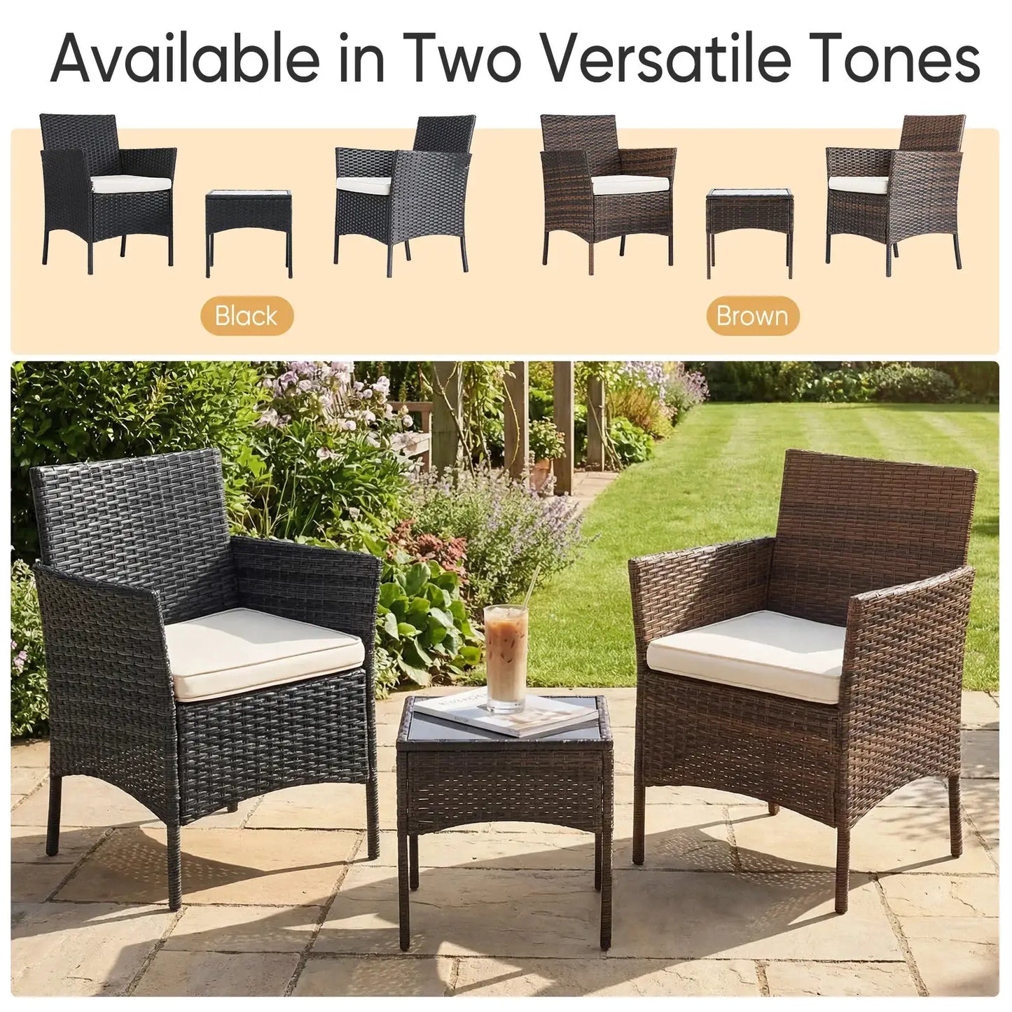 JHK 3 Pieces Outdoor Patio Furniture Set Manual Weaving Wicker Rattan Patio Chairs with Soft Cushion and Glass Table For Garden from PriceLows™