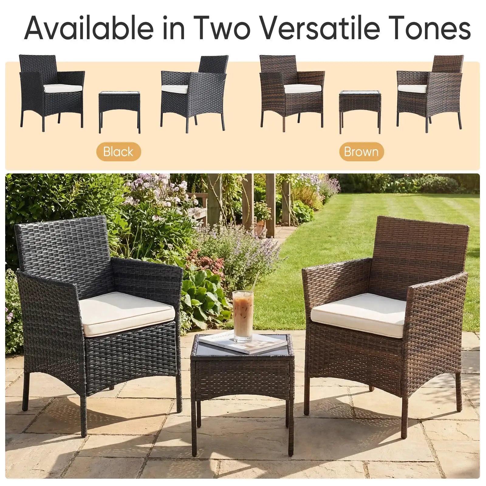 JHK 3 Pieces Outdoor Patio Furniture Set Manual Weaving Wicker Rattan Patio Chairs with Soft Cushion and Glass Table For Garden from PriceLows™
