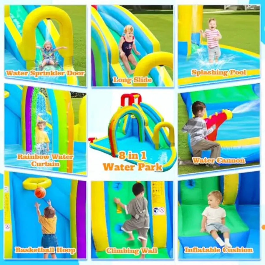Inflatable Water Slide Park with Air Blower Bouncer House Rainbow Sprinkler Bouncy Castle for Climbing Wall Splash Pool from PriceLows™