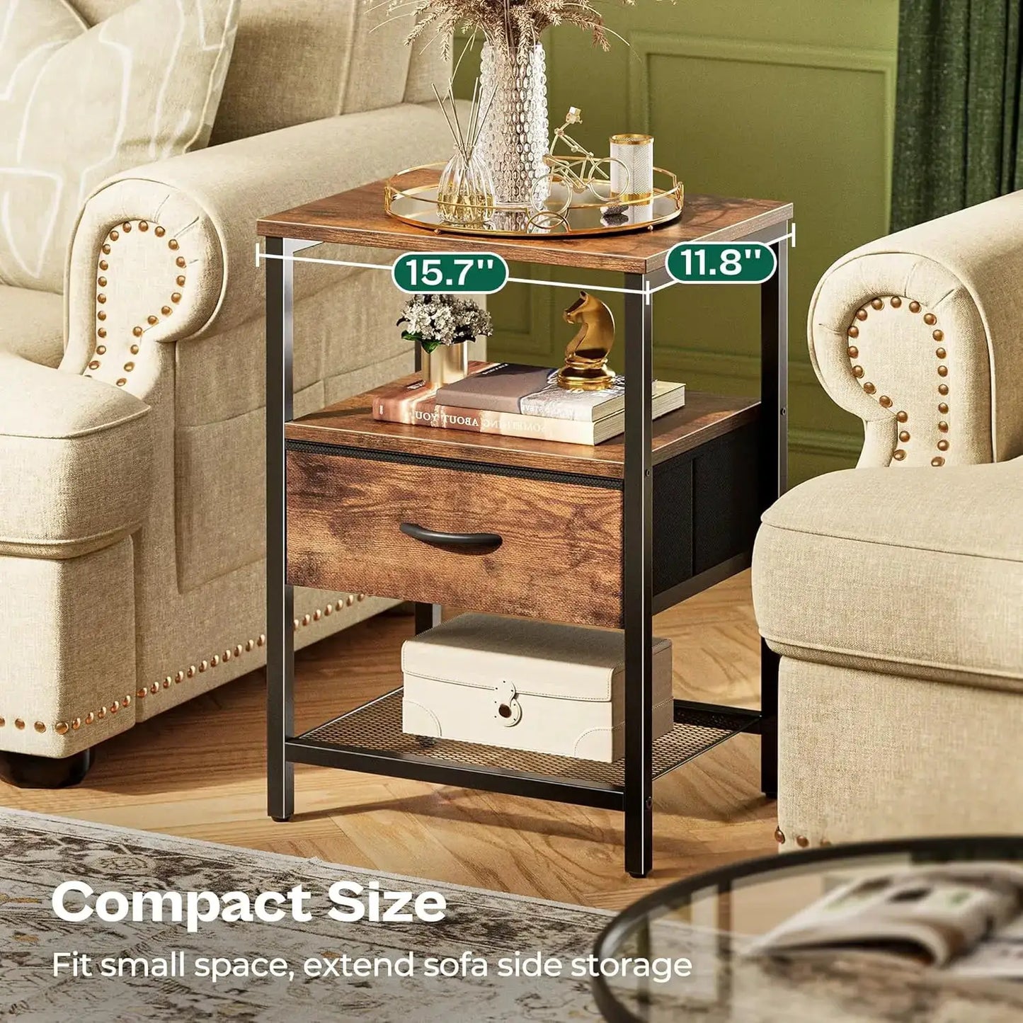 Nightstand Set of 2 with Fabric Drawer and Mesh Shelf, Side Table for Bedroom, Rustic Brown from PriceLows™