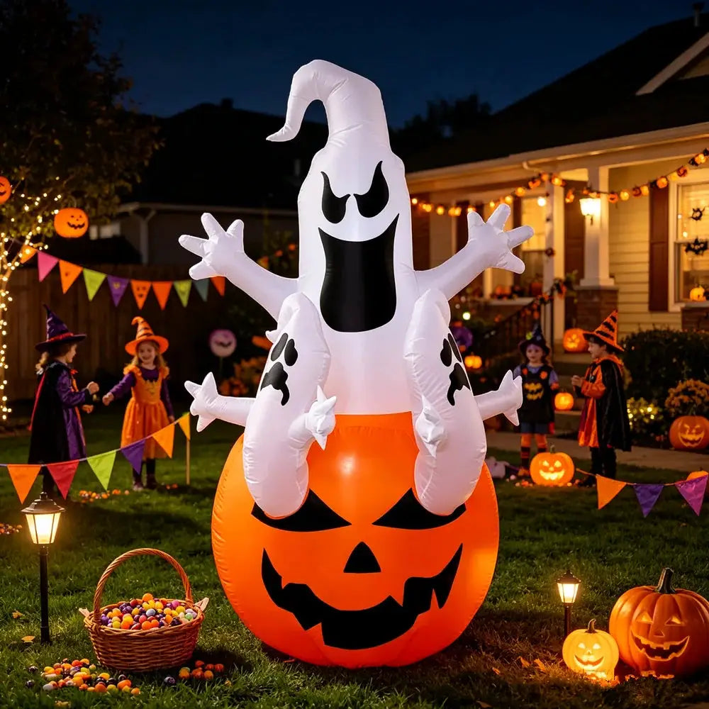 Ghost On Pumpkin Inflatable | 4 Ft Yard Decoration | Weather Resistant Fabric