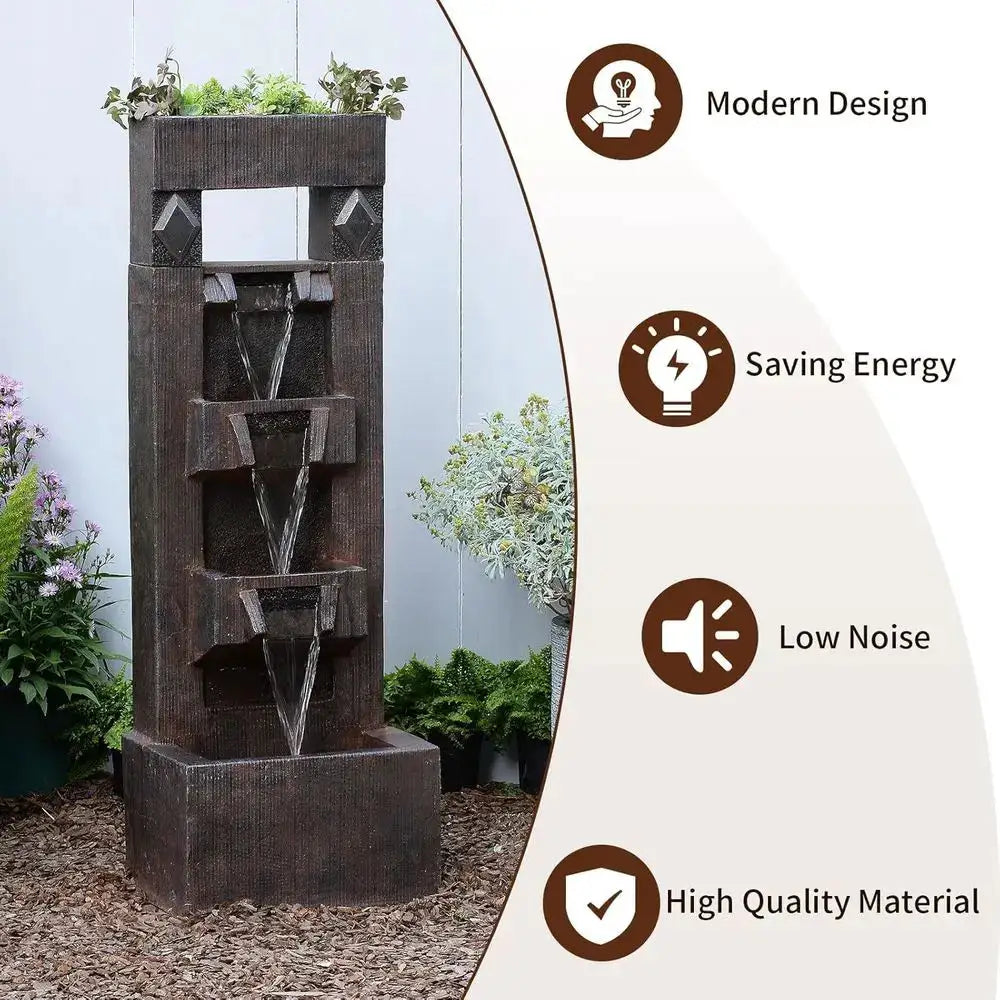 40.9 4-Tier Modern Outdoor Water Fountain with LED Lights, Suitable for Garden, Patio, Yard (Brown) from PriceLows™