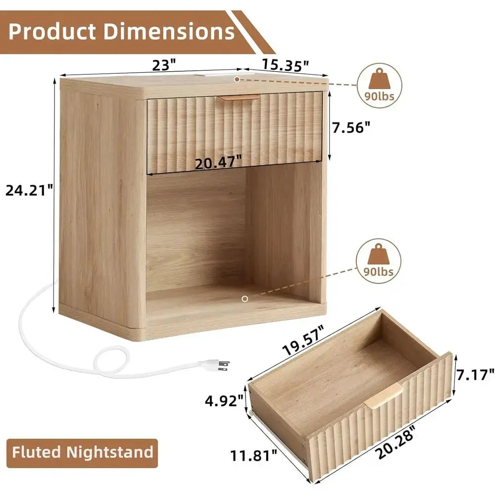 2-Piece Nightstand Set with Charging Station, 23 Wide, Suitable for Bedroom or Living Room, Natural Wood Finish from PriceLows™