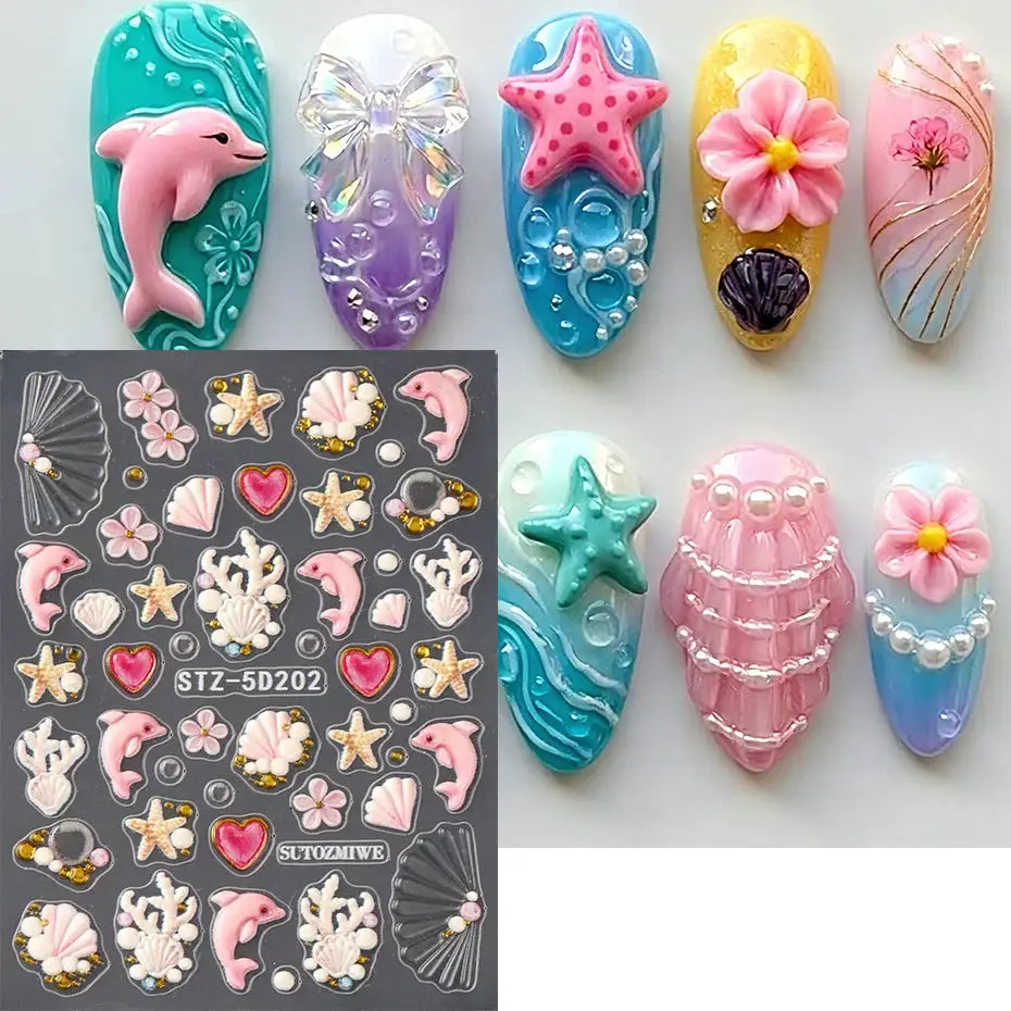 2pcs 5D Embossed Ocean Nail Art Stickers 3D Decals Starfish Coral Seashell Dolphin Crab Summer Beach Nail Decorations Manicure from PriceLows™