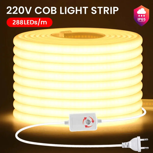 Dimmable 220V COB Led Strip Light ON/OFF Dimmer 288Leds/M Waterproof Flexible Neon Lamp EU Power Kit Warm White Red Home Decor from PriceLows™