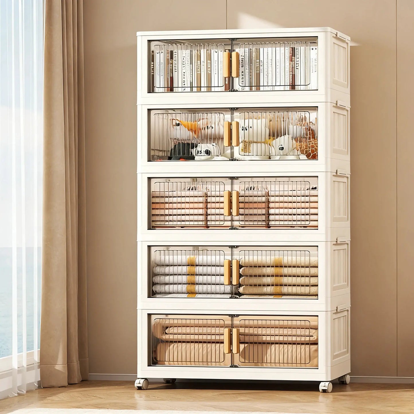 Stackable Plastic Storage Cabinet with Doors & Wheels, Large Capacity Easy-Assemble Durable Closed Bedroom Organizer from PriceLows™