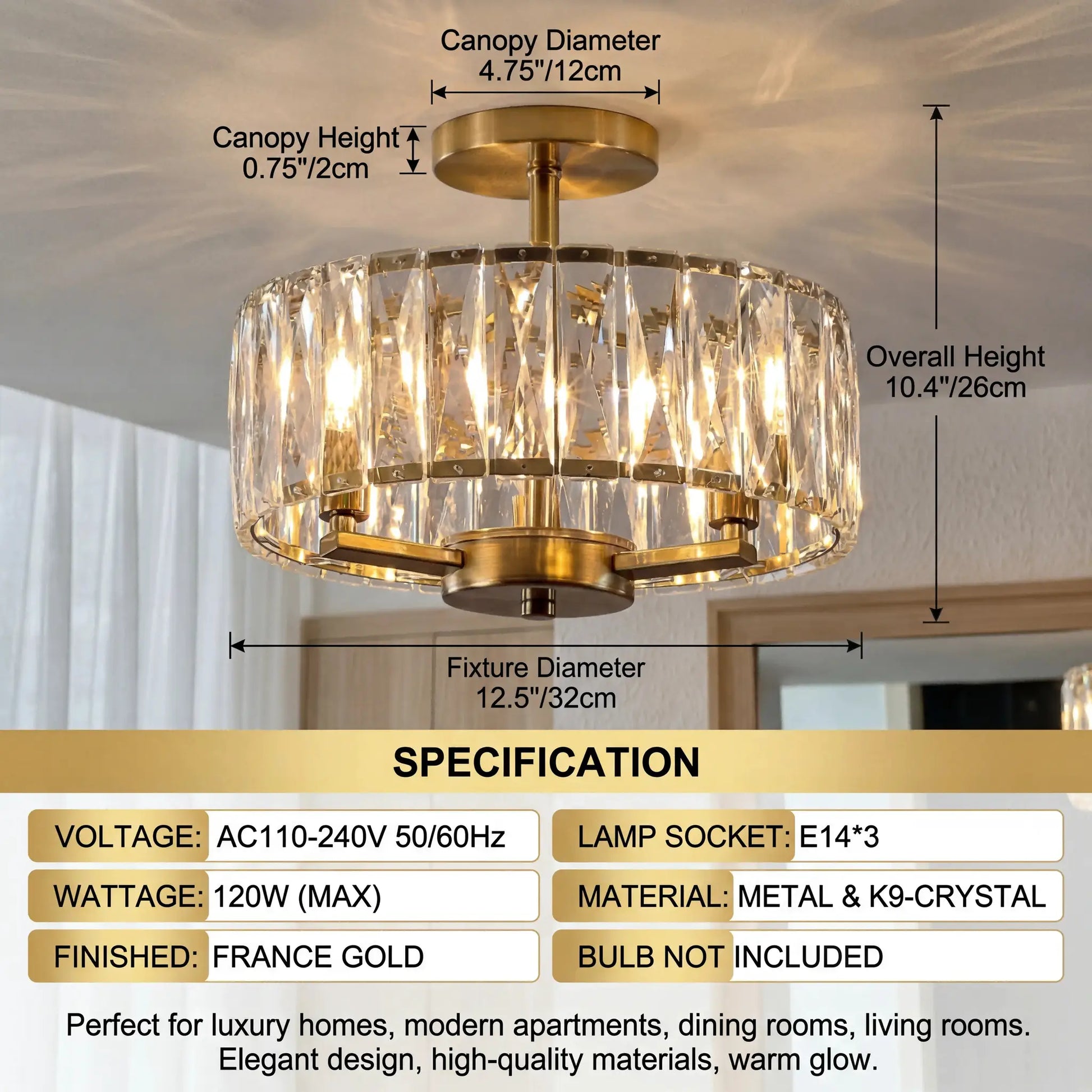 Modern Gold Ceiling Light, Round K9 Crystal Semi Flush Mount Fixture for Hallway Living Room Kitchen Island Dining Room Foyer from PriceLows™
