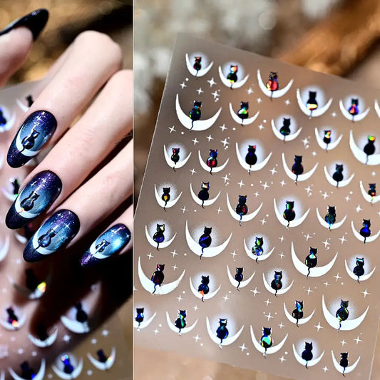 1PC 5D Cartoon Black Cat French Nail Stickers Kawaii Aurora Shell Cat Star Nail Decals 8*10cm Self-Adhesive Manicure Accessories from PriceLows™