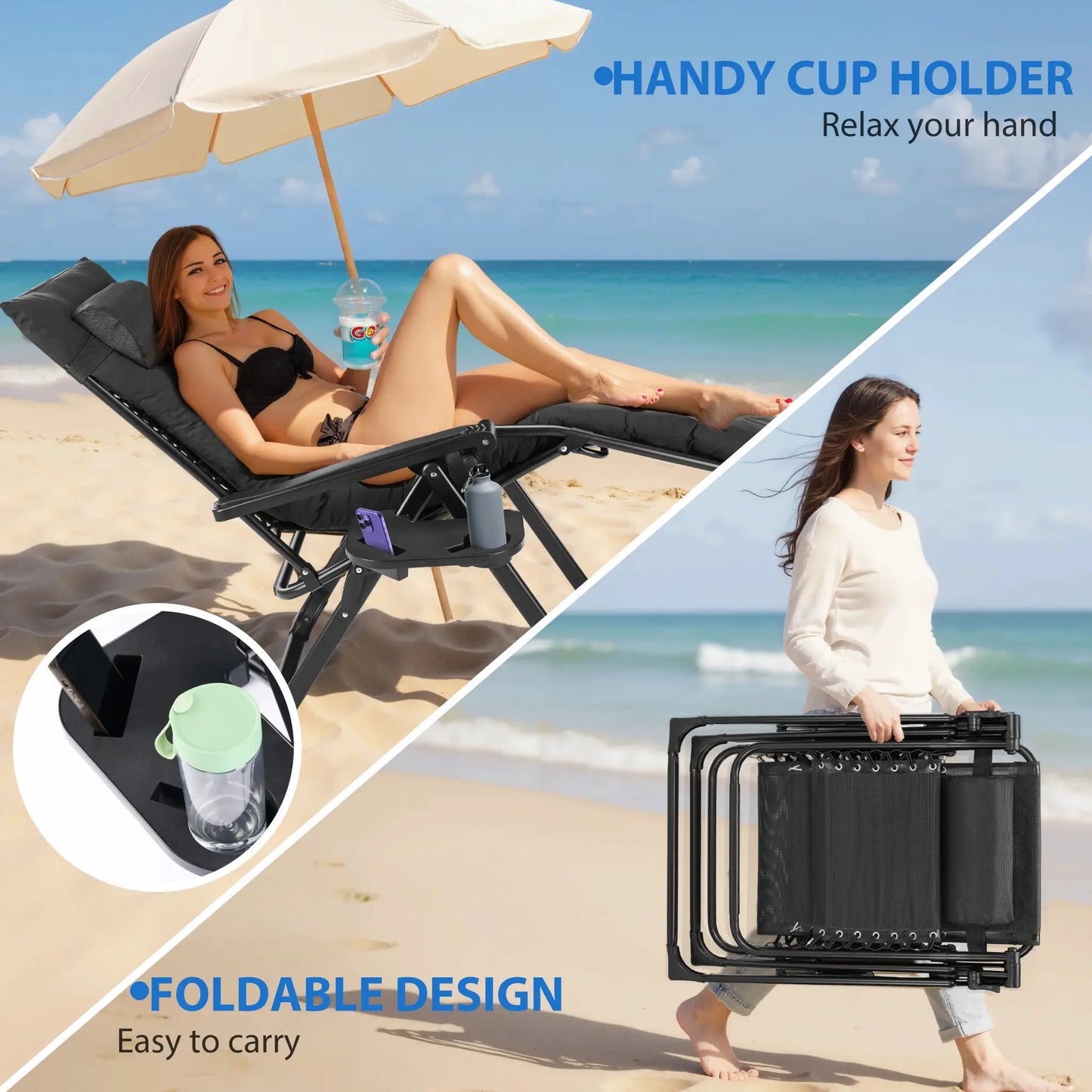 MCQ Zero Gravity Cushioned Lounge Chair Outdoor Folding Camping Padded with Cup Holder Cooler Bag Heavy Duty Chair for Garden from PriceLows™