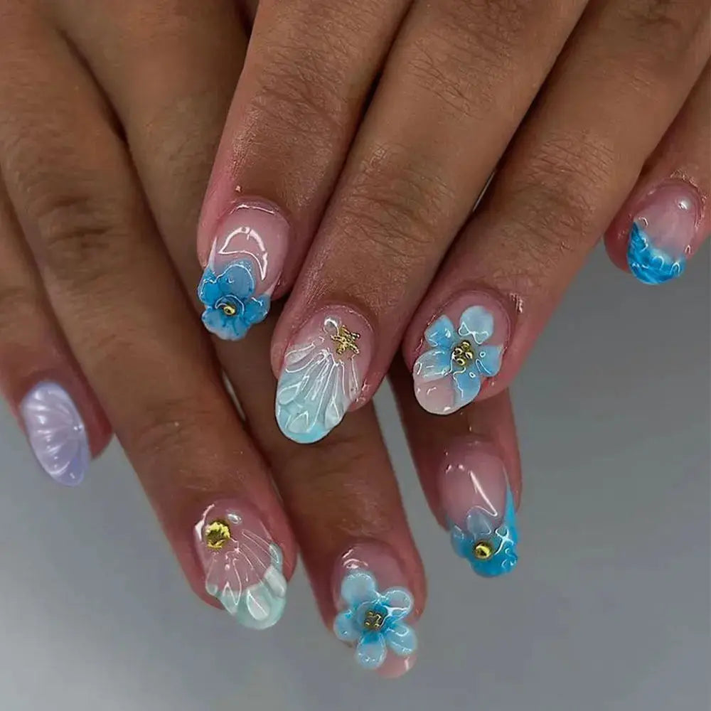 Press On Nails | Almond Shape | Whale Print Blue French Tip | 24 Piece Set
