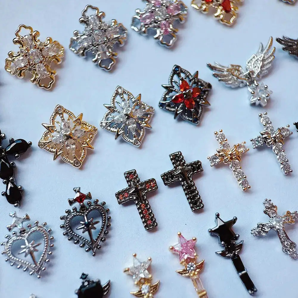 10pcs/lot Luxury Halloween Black Cross Heart Zircon Metal Nails Jewelry Decorations Nail Art Accessories Charms Parts Supplies from PriceLows™