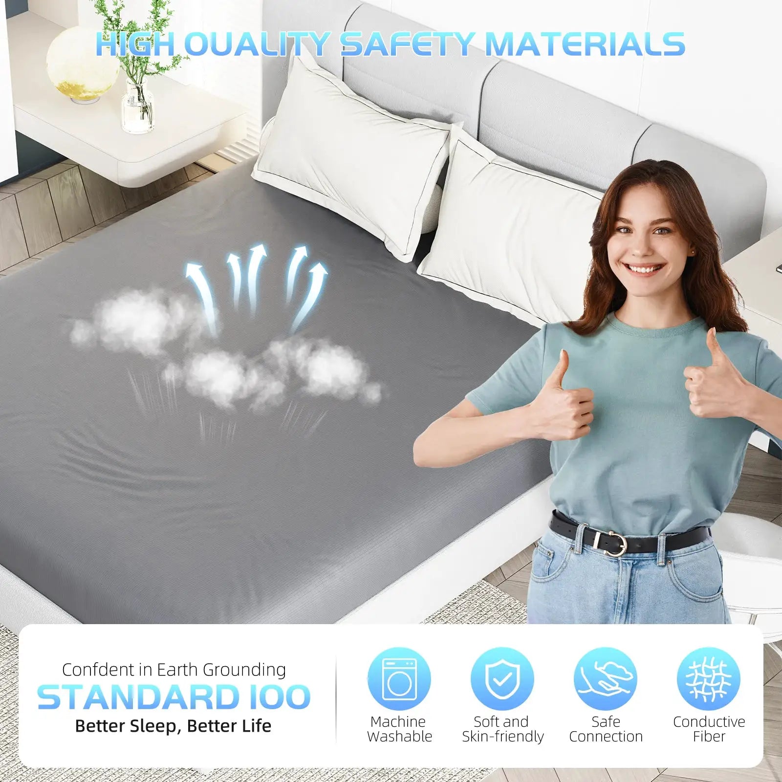 HLLBLL Grounding Sheet, 90% Organic Cotton+10% Pure Silver Organic Fitted Grounded Sheet for Improved Sleep from PriceLows™