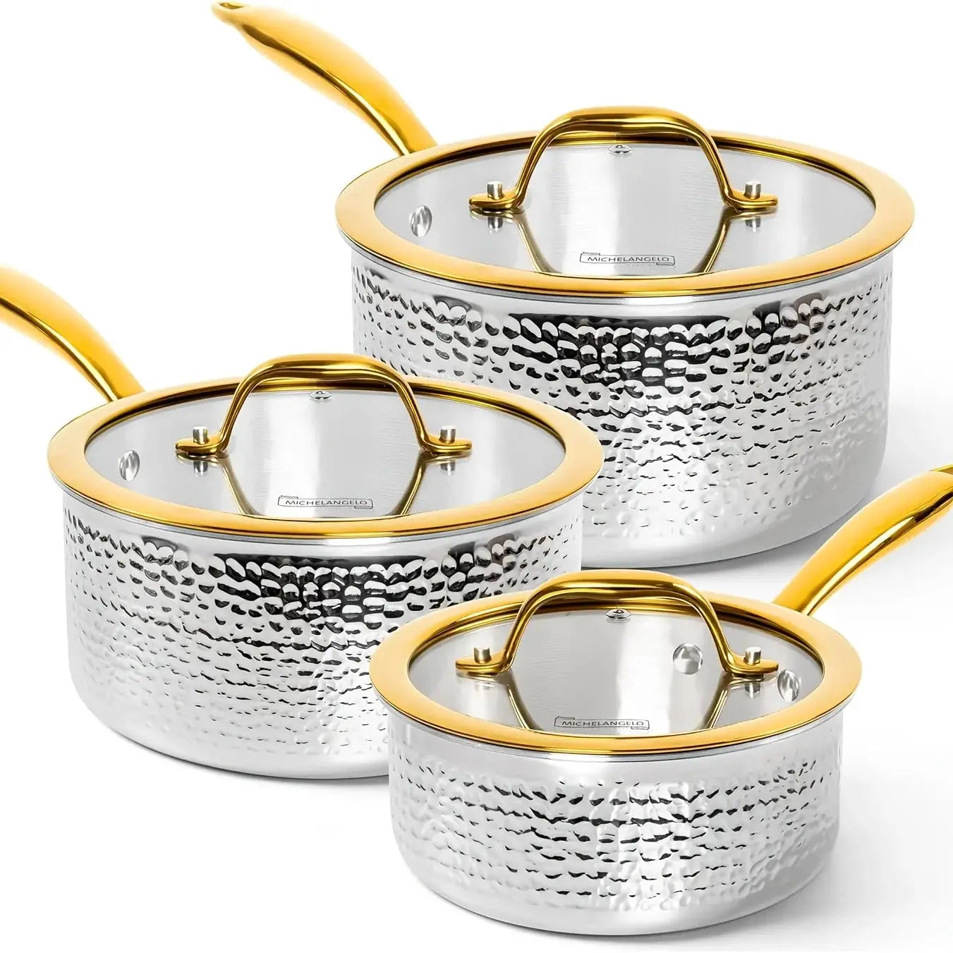 Triply Stainless Steel Saucepan Set, Luxury Hammered Stainless Steel Sauce Pans with Golden Handle, Premium Sauce Pot Set from PriceLows™
