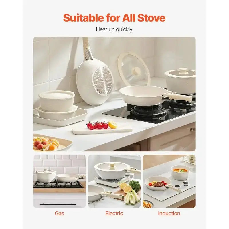 17 Piece Pots and Pans Set Nonstick, Detachable Handle Cookware, Space Saving Induction cookware set, Kitchen RV Cooking Sets, with Frying, Sauce, Saute, Tempered Glass Lids, Oven Safe, White from PriceLows™
