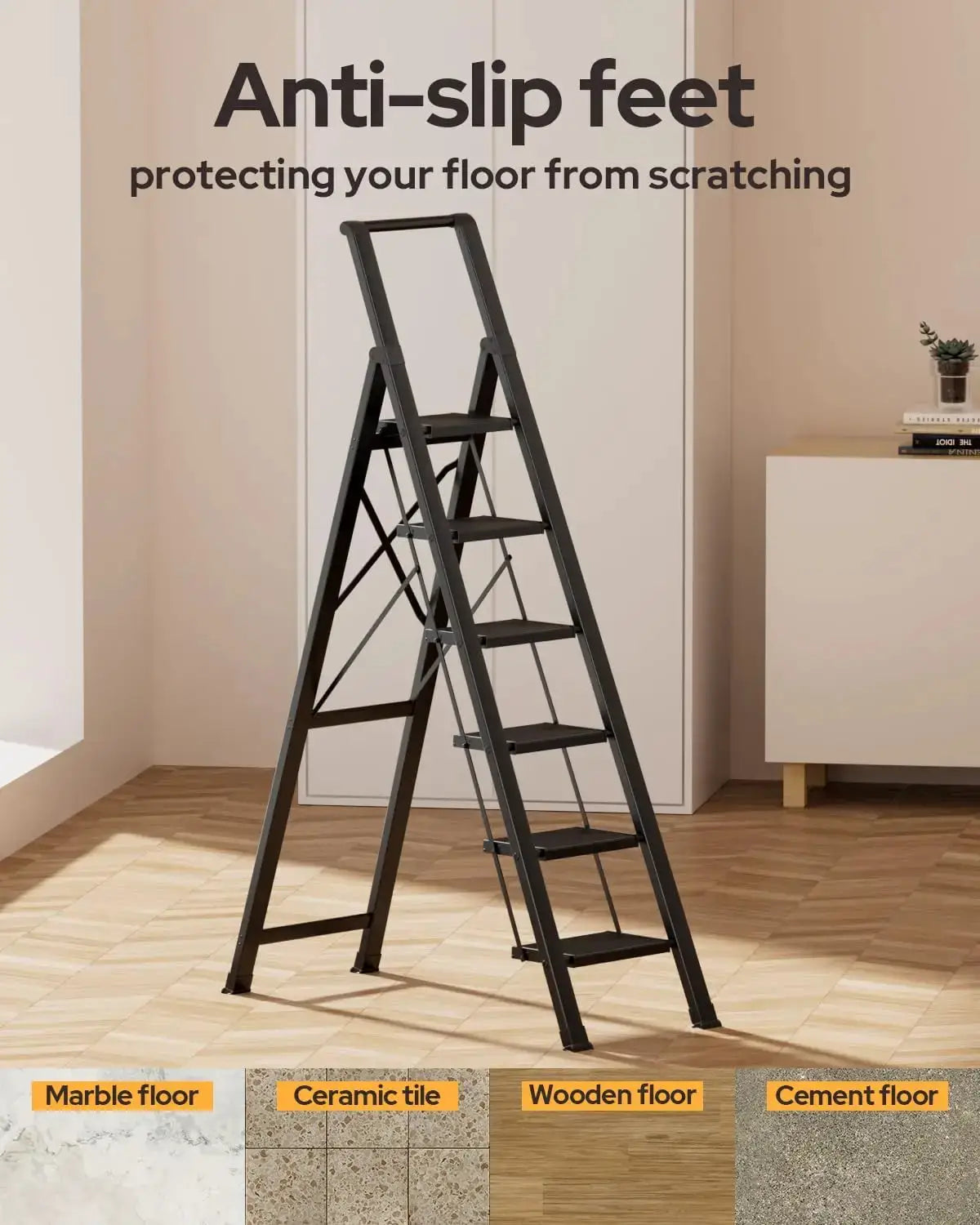6 Step Ladder for 12 Ft Ceilings, Lightweight Aluminum Folding Stool with Handgrip, Anti-Slip Wide Pedal, Space Saving - Black from PriceLows™