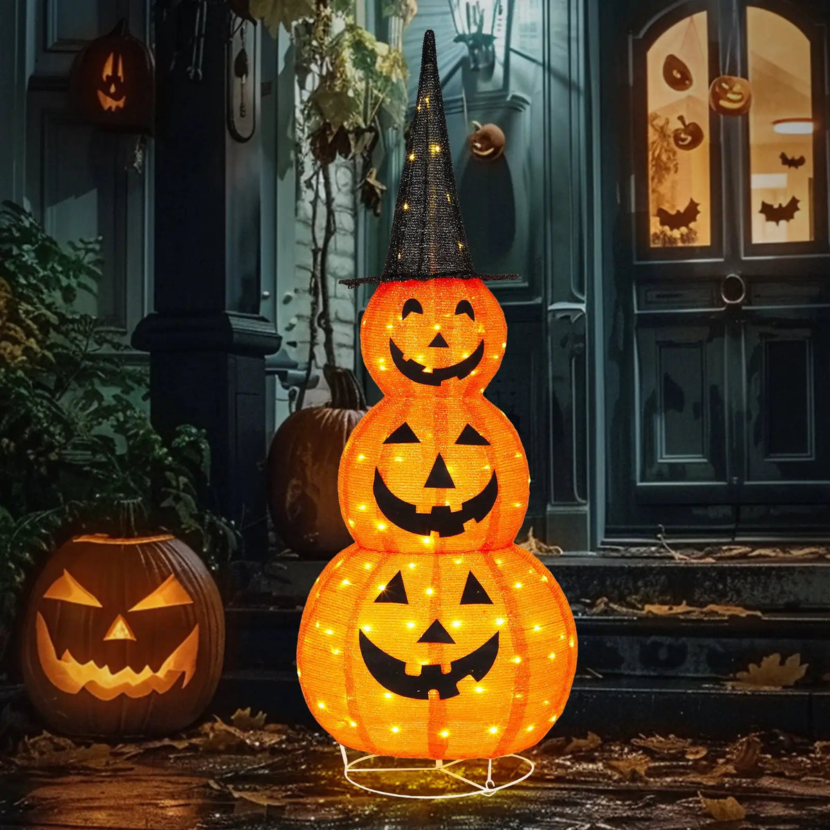 Halloween Pumpkin Decor | 5 Ft Height | 100 LED Lights | Foldable Witch Hat