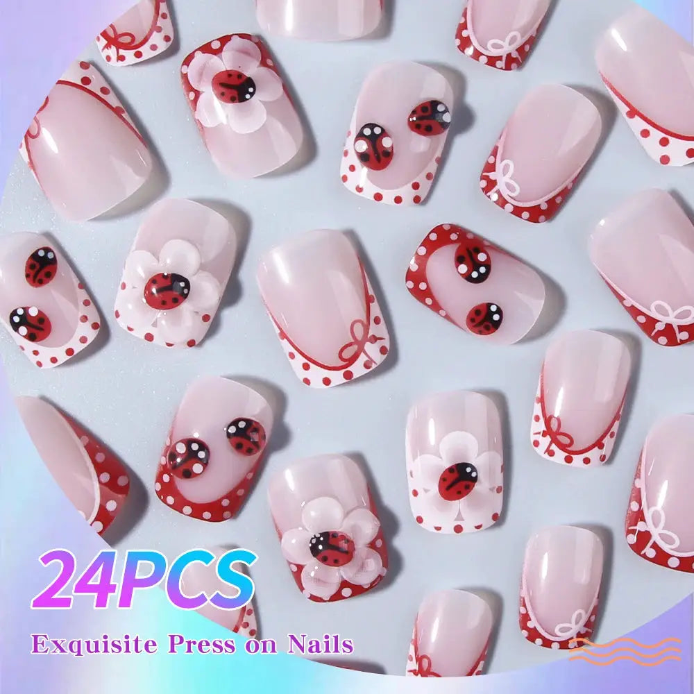 24 pieces per set. Rectangular 3D gel flower polka dot ladybug red French nail art stickers. Summer nail set. from PriceLows™