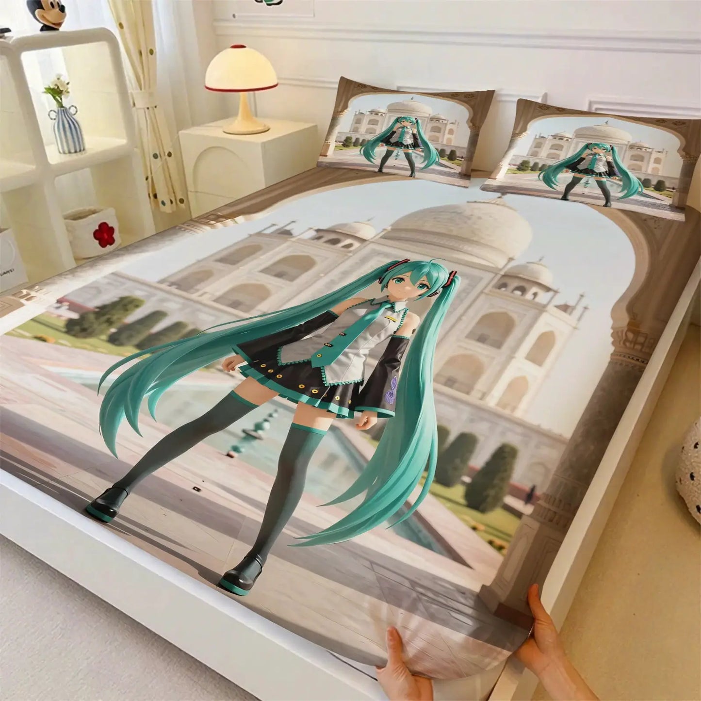 3Pcs Hatsune Miku Fitted Sheet Set with 2 Pillowcases Ice Palace Anime Bedding Set Soft Deep Pocket for Fan & Teen Bedroom Decor from PriceLows™