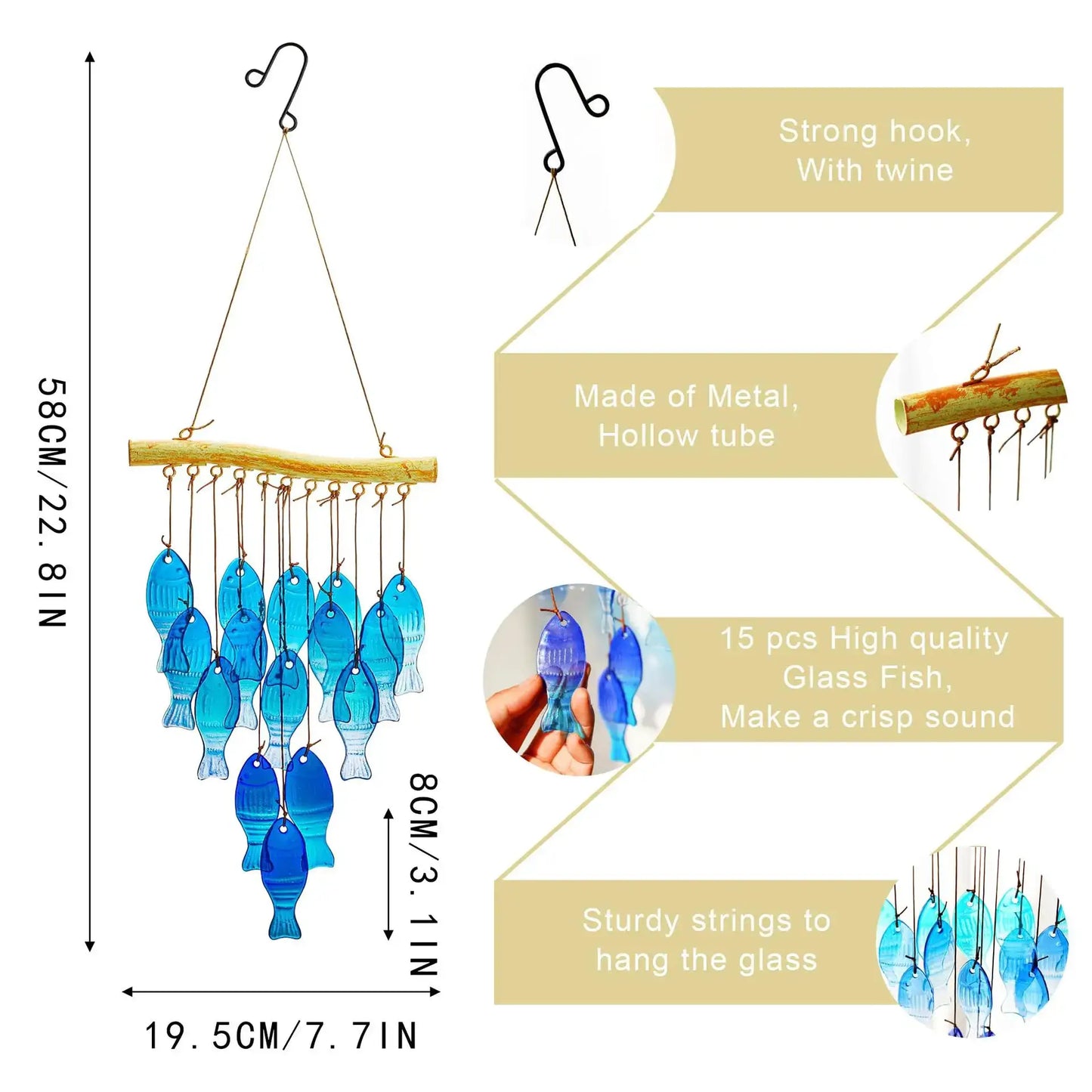 Blue Glass Sea Wind Chime, Handmade Fish-shaped Wind Chime from PriceLows™