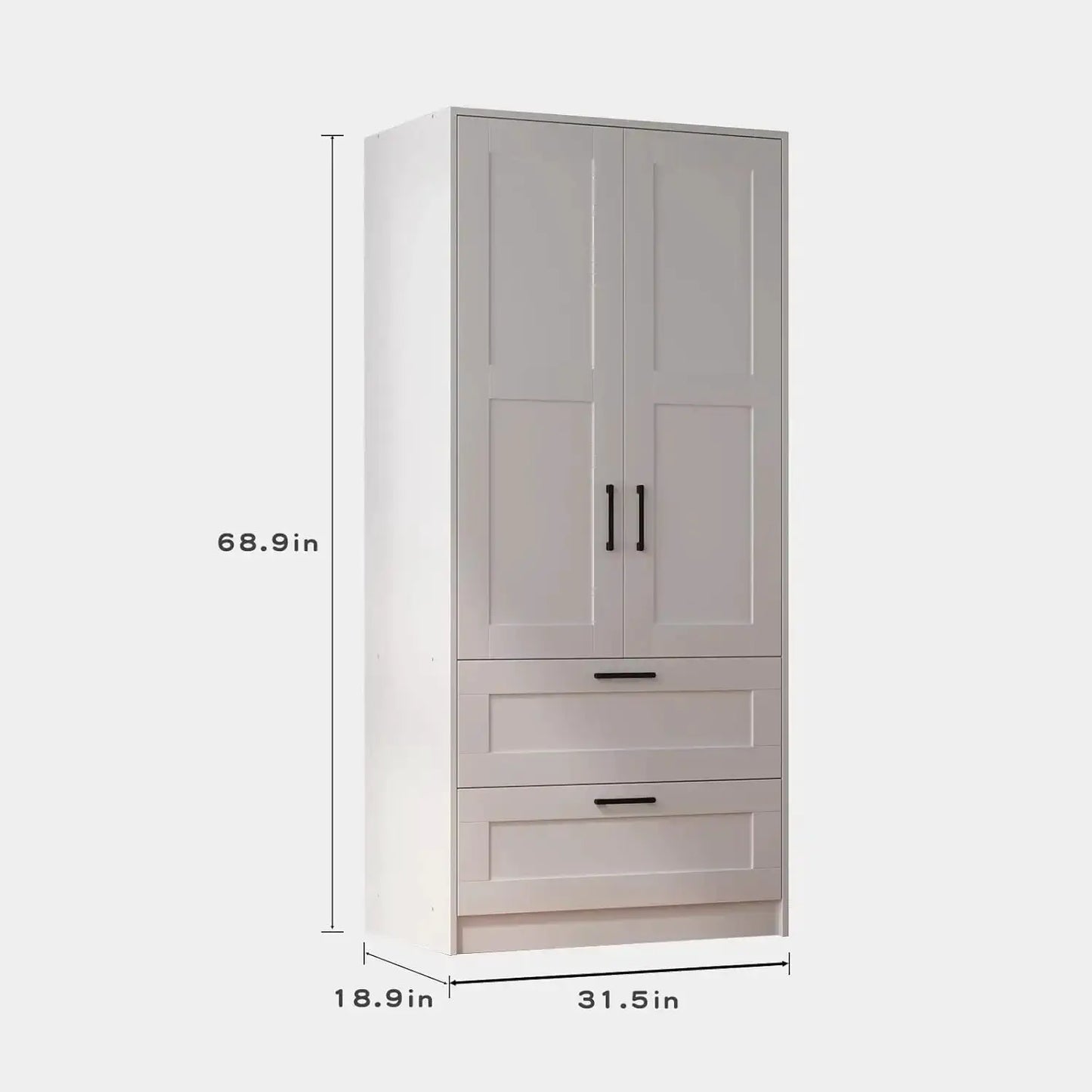 White Wood Wardrobe Closet with 2 Doors and 2 Drawers, Freestanding Armoire Storage with Shelves for Hanging Clothes from PriceLows™